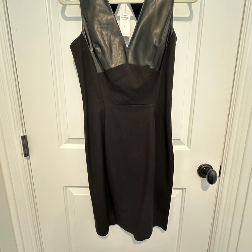 Black Sleeveless Sheath Cocktail Dress with Faux leather trim
